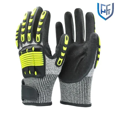 Protection personnalisée 13G résistant aux coupures Hppe Liner Nitrile Sandy Coateding Gants de travail de sécurité avec TPR sur le dos et Velcro au poignet